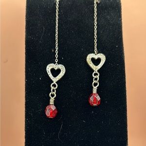 Valentine’s Day Gift! Silver threader style heart earrings with red bead accent